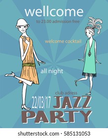 invitation to the jazz dance party, vintage illustration hand drawn of dancing girls ' 20s 