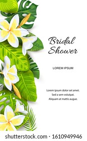 Invitation with jungle leaves, tropical flower Frangipani. Vector illustration summer templates. Place for text. Great for SPA flyer, beauty offer, wedding, poster, baby shower, bridal shower.