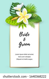 Invitation with jungle leaves, tropical flower plumeria. Vector illustration summer template. Place for text. Great for SPA flyer, beauty offer, wedding, poster, baby shower, bridal shower, vacation.