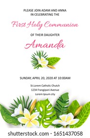 Invitation with jungle leaves, tropical flower plumeria. Vector illustration summer template. Place for text. Great for SPA flyer, beauty offer, wedding, poster, baby shower, bridal shower, vacation.