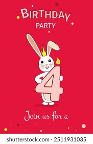 Invitation to a kid's birthday party. Bunny with a number candle 4. 4 years old.  