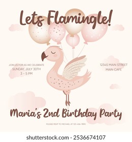 Invitación para una fiesta de cumpleaños de niños. Ilustración de bebé flamenco. Vamos a flamear. Volando con globos alrededor de las nubes. Invitación de cumpleaños niña Plantilla.