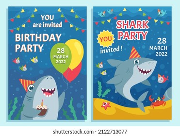 Invitation Kids Party. Print Poster Template With Cute Funny Mascot Cartoon Shark And Place For Personal Text Exact Vector Picture Set