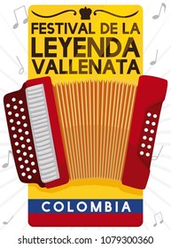 Invitation label with accordion design, Colombian flag, crown silhouette and musical notes in the background for Vallenato Legend Festival (written in Spanish).