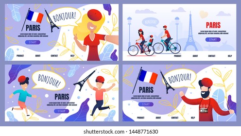 Invitation Landing Page Set with Paris Trip Offer. Welcome Flat Banner Template Kit. Vector Cartoon Happy People Tourists Taking Selfie, Riding Bikes Illustration. School Excursion to France for Kids