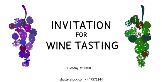 an invitation leaflet for wine event, tasting or party with isolated hand drawn elements of grapes bunches; with hand drawn lettering