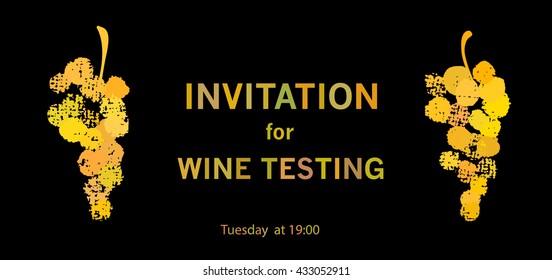 an invitation leaflet for wine event, testing or party with isolated hand drawn elements of grapes bunches, golden on black