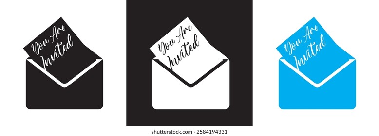 Invitation letter  icon set. Invite email for event, wedding, party, festival, celebration. electronic etc.  isolated on white and black background. vector illustration. EPS 10