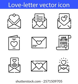 Invitation letter thin line icon set. Invite email for event, wedding, party, festival, celebration. love letter, message, electronic mail. Vector illustration on white background.
