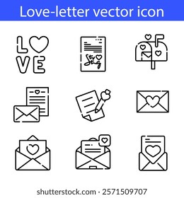 Invitation letter thin line icon set. Invite email for event, wedding, party, festival, celebration. love letter, message, electronic mail. Vector illustration on white background.
