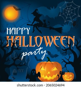 Invitation lettering-illustration of the Halloween party in english on a dark-blu background with halloween's attributes. Vector illustration 10 EPS.