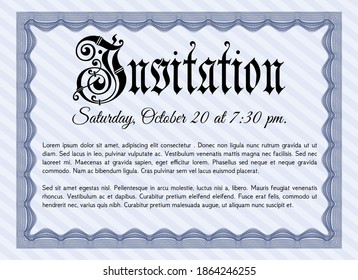 Invitation. Lovely design. With great quality guilloche pattern. Detailed.  Blue color.