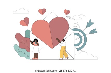 Invitation mailing. Blind date. Love letter. Correspondence in social networks. Declaration of love. Flat vector illustration