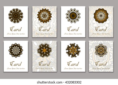 Invitation mandala design template. Graphic card with hand drawn ornament. Colorful eastern floral decor for greetings, wedding invitations, party cards