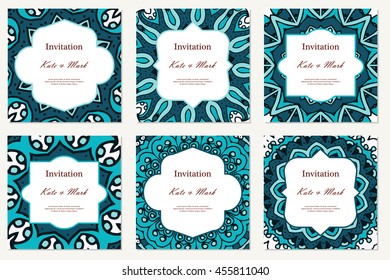 Invitation mandala design template. Graphic card with hand drawn ornament. Colorful eastern floral decor for greetings, wedding invitations, party cards
