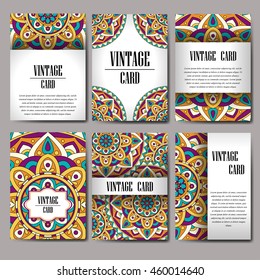 Invitation mandala design template. Graphic card with hand drawn ornament. Colorful eastern floral decor for greetings, wedding invitations, party cards
