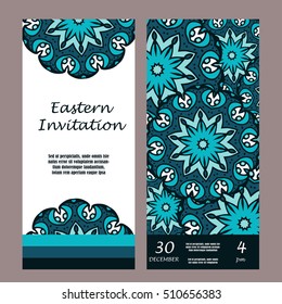 Invitation mandala design template. Graphic card with hand drawn ornament. Colorful eastern floral decor for greetings, wedding invitations, party cards