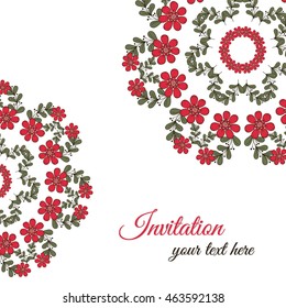 Invitation with mandala made from hand drawn flowers. Vector illustration.