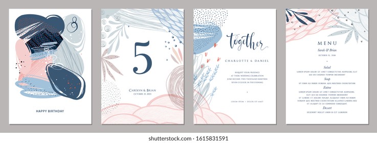 Convite, menu, design de cartão de número de mesa. Modelos de casamento florais. Bom para aniversário, chá de noiva e bebê. Ilustração vetorial.