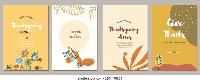 Invitation, Menu, Table Number Card Design Witn Snail And Fox, Abstract Flowers.  Good For Thanksgiving Dinner Or Chuld Autumn Birthday. Vector Illustration.