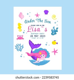 Invitation to mermaid birthday party. Cartoon mermaid