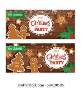 Invitation merry christmas banner and card design template. Homemade gingerbread man cookie theme concept.