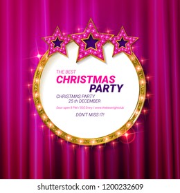 Invitation merry christmas party 2019 poster banner and card design template.Happy holiday and new year glass ball theme concept. In the retro cinematic style