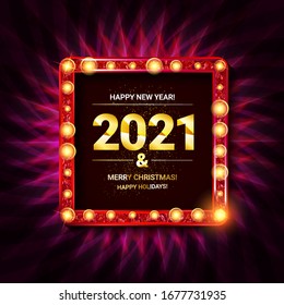 Invitation merry christmas party 2021 poster banner and card design template.Happy holiday and new year glass ball theme concept. In the retro cinematic style