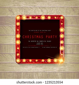 Invitation merry christmas party poster. on wooden background. Vector illustration