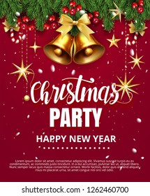 Invitation merry christmas party poster banner and card design template. Happy holiday and new year jingle bell,fir tree branch stars, candy cane with bow in red background concept. 