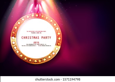 Invitation merry christmas party poster banner and card design template.Happy holiday and new year glass ball theme concept. In the retro cinematic style