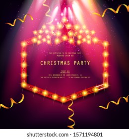 Invitation merry christmas party poster banner and card design template.Happy holiday and new year glass ball theme concept. In the retro cinematic style
