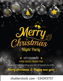 Invitation merry christmas party poster banner and card design template. Happy holiday and new year glass ball theme concept.