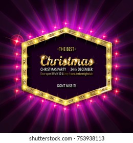 Invitation merry christmas party poster banner and card design template.Happy holiday and new year glass ball theme concept. In the retro cinematic style