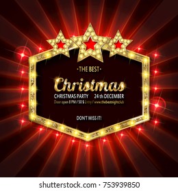 Invitation merry christmas party poster banner and card design template.Happy holiday and new year glass ball theme concept. In the retro cinematic style