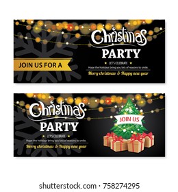Invitation merry christmas party poster banner and card design template on black background. Happy holiday and new year with tree and gift box theme concept.