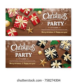 Invitation merry christmas party poster banner and greeting card design template on wooden background. Happy holiday and new year with gift box theme concept.