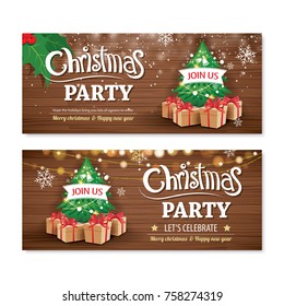 Invitation merry christmas party poster banner and card design template on wooden background. Happy holiday and new year with tree and gift box theme concept.