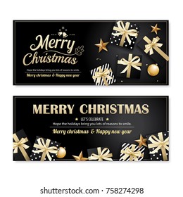 Invitation merry christmas poster banner and card design template on black background. Happy holiday and new year with gift boxes theme concept.