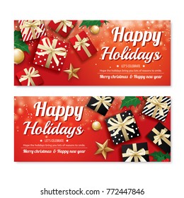 Invitation merry christmas poster banner and card design template on red background. Happy holiday and new year with gift boxes for voucher coupon theme concept.