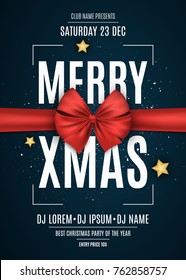 Invitation. Merry xmas. Red ribbon on a dark blue background. The names of the DJ and club. White text on a dark background. White dust and golden stars. Vector illustration