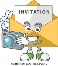 Invitation message photographer mascot design taking a picture with a camera. Vector illustration