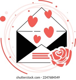 Diseño de iconos del vector del mensaje de invitación, símbolo del día de San Valentín, signo de amor y romance, ilustración del material de la enfermedad de la amistad y el amor, carta de amor abierta con concepto de rosa rojo