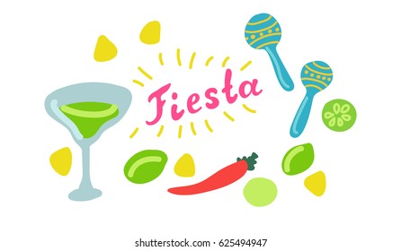 Invitation to a Mexican party. A glass of margarita cocktail, lime, red chili, corn chips, maraca. Hand drawn lettering "Fiesta". Holiday design flyer