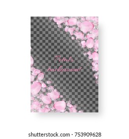 Invitation model with flying petals of a blossoming peach on a checkered backdrop