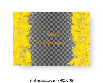 Invitation model for a party with falling petals of blooming tulips on a transparent background