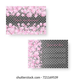 Invitation model for a party with flying petals of a blossoming peach on a checkered backdrop