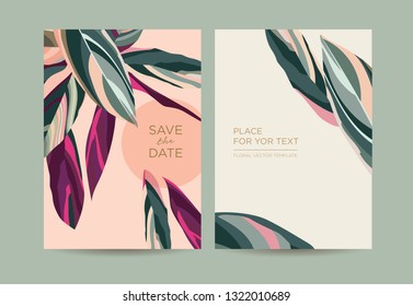 Invitation In Modern Style. Hand-drawn Tropical Leaves On A Pink Background. Vector Template For Design Of Wedding Invitations, Restaurant Menu Or Spa