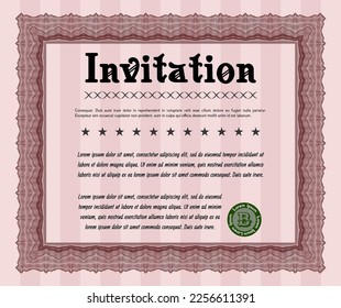 Invitation. Money Pattern design. With great quality guilloche pattern. Detailed.  Red color.