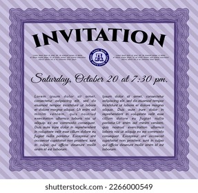 Invitation. Money style design. With great quality guilloche pattern. Vector illustration.  Violet color.